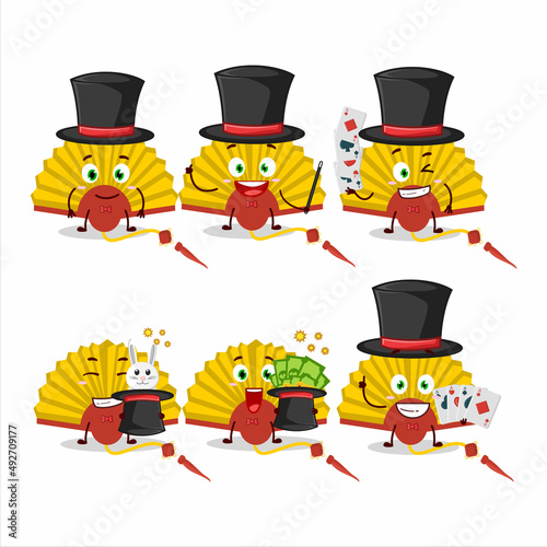 A yellow chinese fan Magician cartoon character perform on a stage