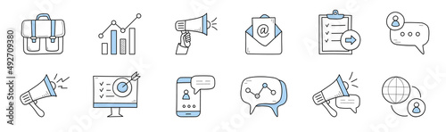 Digital marketing, business online advertising campaign icons. Vector doodle set of symbols of market strategy in internet and social media with megaphone, mobile phone, graph, target and briefcase
