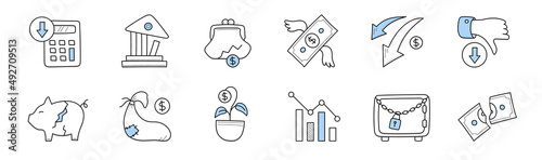 Financial crisis icons. Concept of decrease economy, bankruptcy, poverty. Vector doodle signs with broken piggy bank, cut money, down graph, destroyed bank and safe with lock