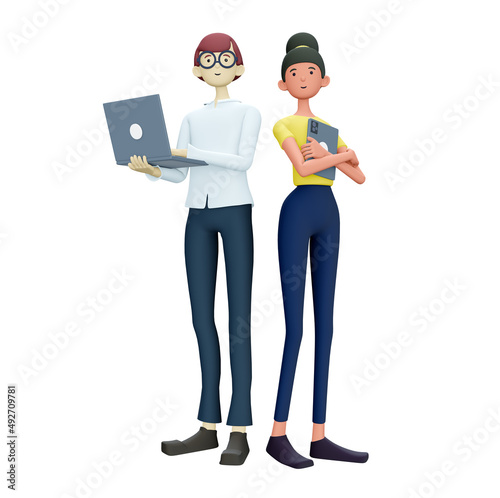 3D illustration of cute smiling people with laptop, isolated on white background. Cartoon falling relaxing businessman, freelancer using social networks, online working. Workplace concept. photo