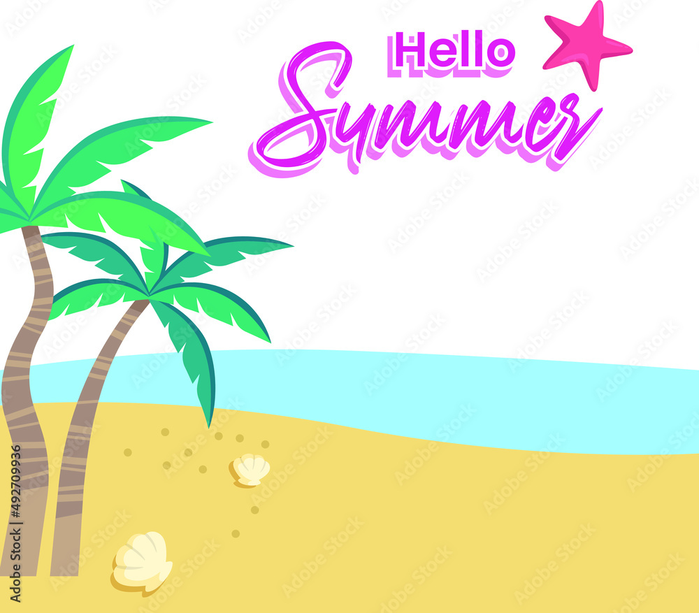 Hello Summer with coconut palm in in Beach Background. Hello summer vector concept design. Colored flat vector illustration.
