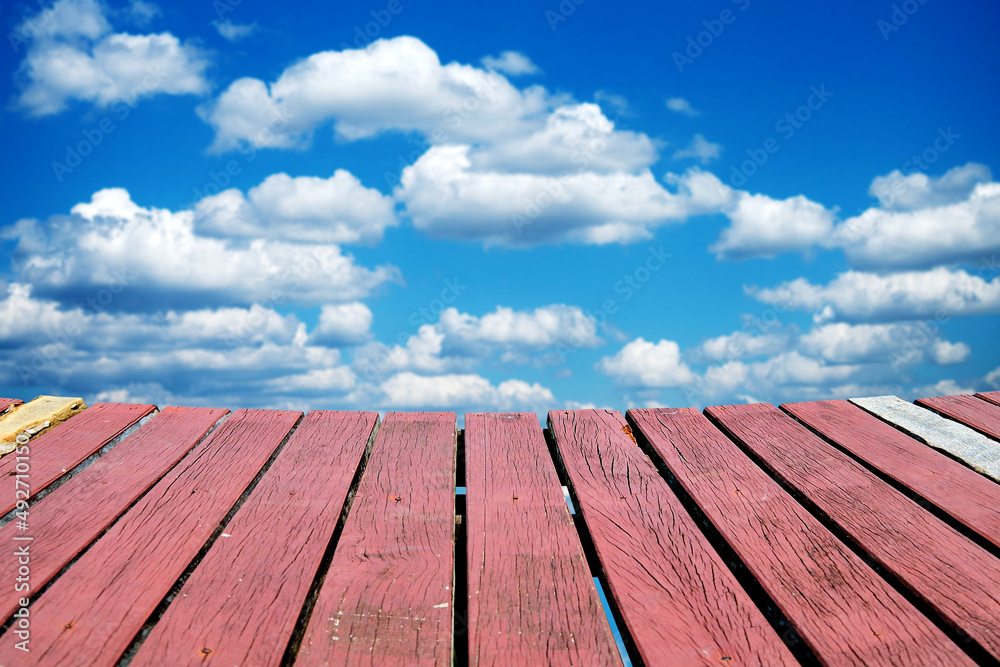 Balcony with wooden floor and wooden fence isolated on white background. with clipping path