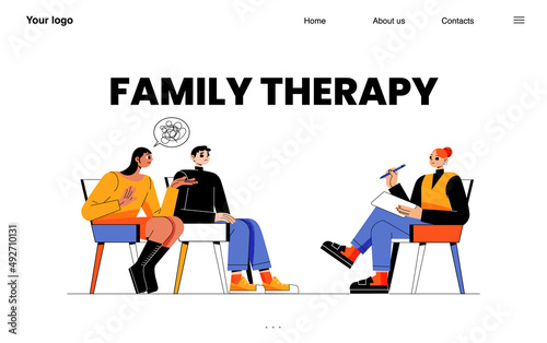 Family therapy landing page, married couple visit psychologist for solving problems. Psychotherapeutic meeting, wife and husband characters talk to doctor on session, Line art flat vector web banner