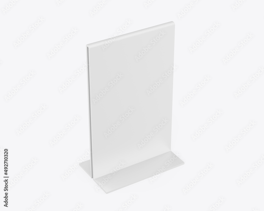 Plastic and acrylic table talker, promotional upright menu table tent sign holder, table menu card display stand picture frame for mock up and template design. 3d render illustration. Plastic and acrylic table talker, promotional upright menu table tent sign holder, table menu card display stand picture frame for mock up and template design. 3d render illustration.