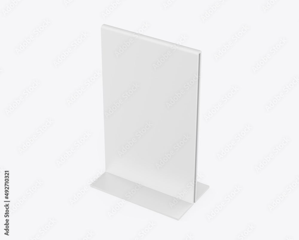 Plastic and acrylic table talker, promotional upright menu table tent sign holder, table menu card display stand picture frame for mock up and template design. 3d render illustration. Plastic and acrylic table talker, promotional upright menu table tent sign holder, table menu card display stand picture frame for mock up and template design. 3d render illustration.