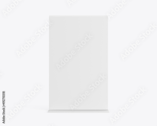 Plastic and acrylic table talker, promotional upright menu table tent sign holder, table menu card display stand picture frame for mock up and template design. 3d render illustration. © devrawat21