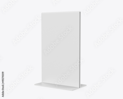 Plastic and acrylic table talker, promotional upright menu table tent sign holder, table menu card display stand picture frame for mock up and template design. 3d render illustration.