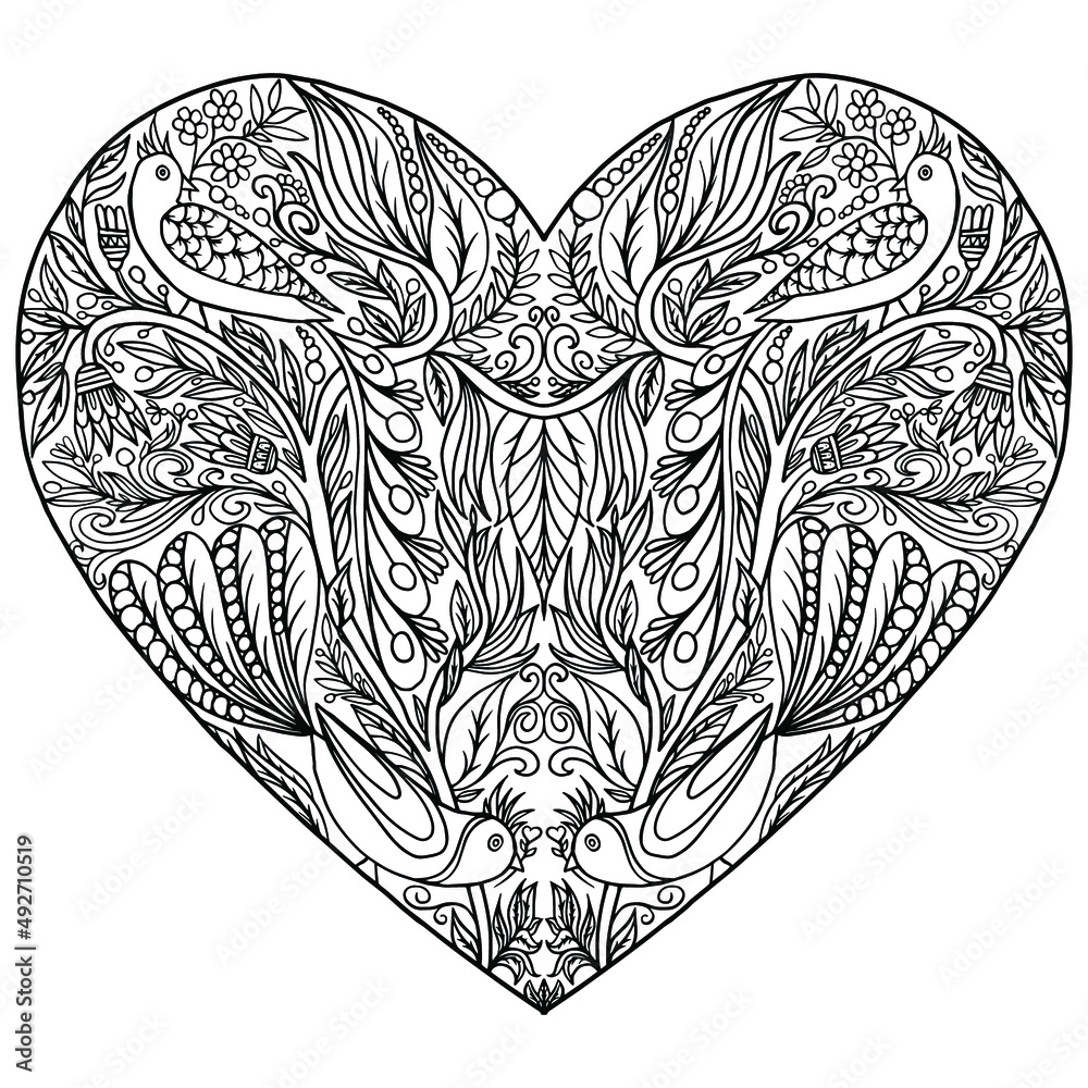 heart drawn with branches and flowers with birds drawn in folk style on a white background for coloring, vector design heart drawn with branches and flowers with birds drawn in folk style on a white background for coloring, vector design