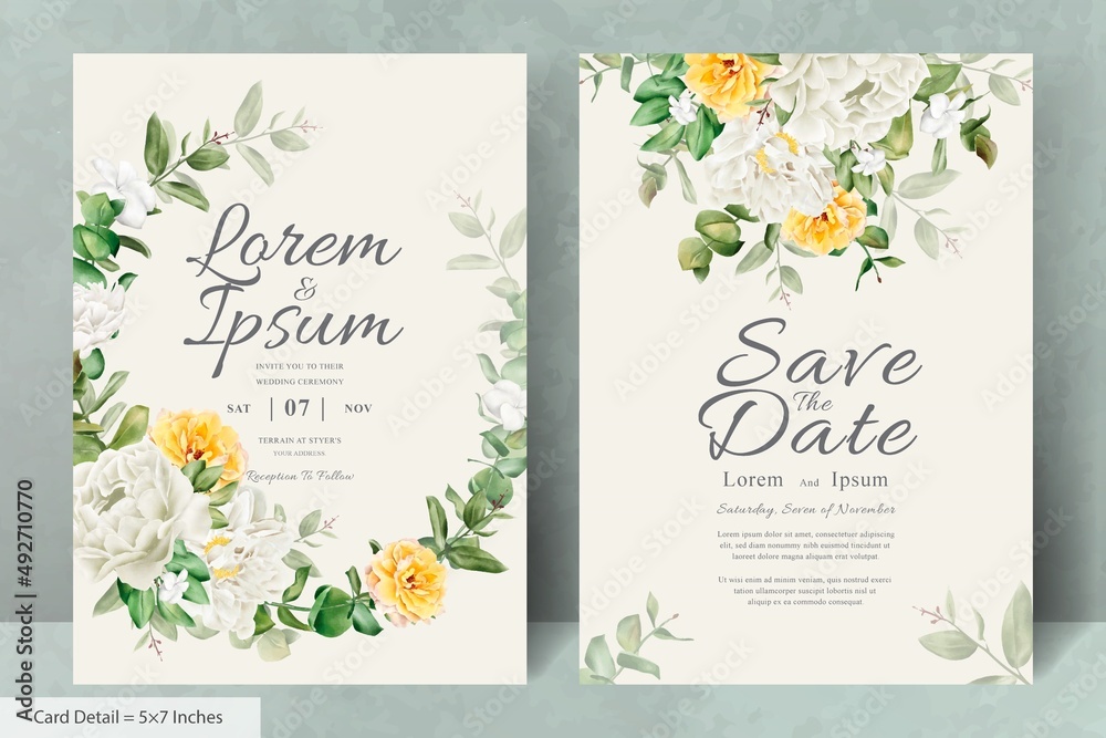 Realistic Watercolor Floral Wreath Wedding Invitation Template with Hand Drawn Flower and Leaves