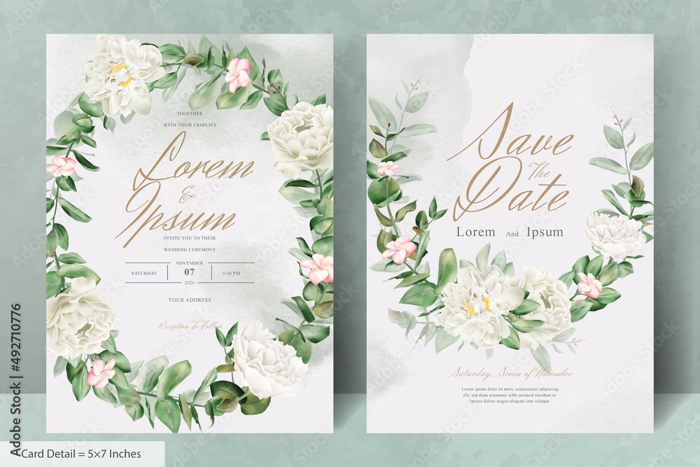 Realistic Watercolor Floral Wreath Wedding Invitation Template with Hand Drawn Flower and Leaves