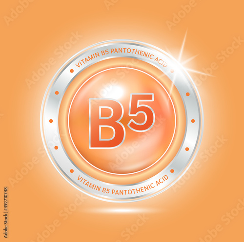 Nutrition vitamin B5 label orange aluminum sign. Foods vitamins and minerals logo products template design. Medical food supplement concepts. 3D Realistic Vector EPS10.