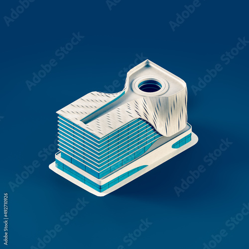 Isometric futuristic city mall. Architectural high rise single shopping center model, big building on blue background. Realistic solid and flat style building. 3d renderding.