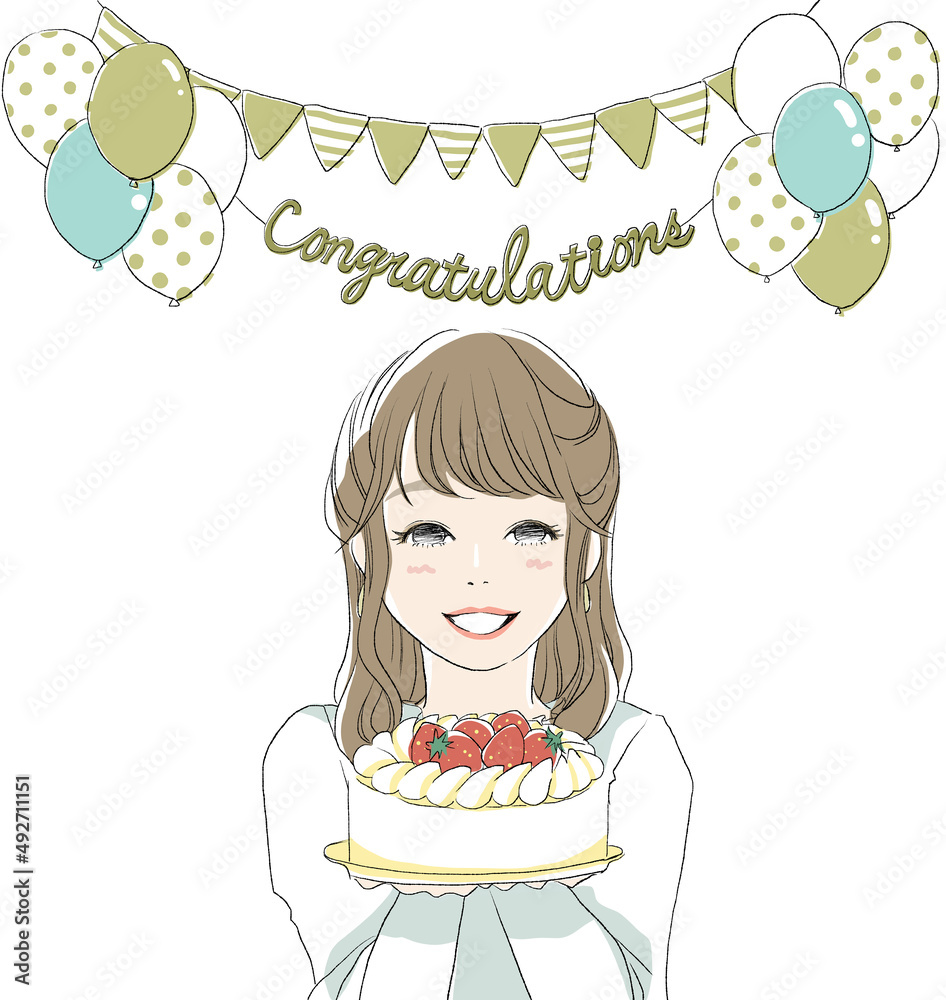 お祝いのケーキを持った女性