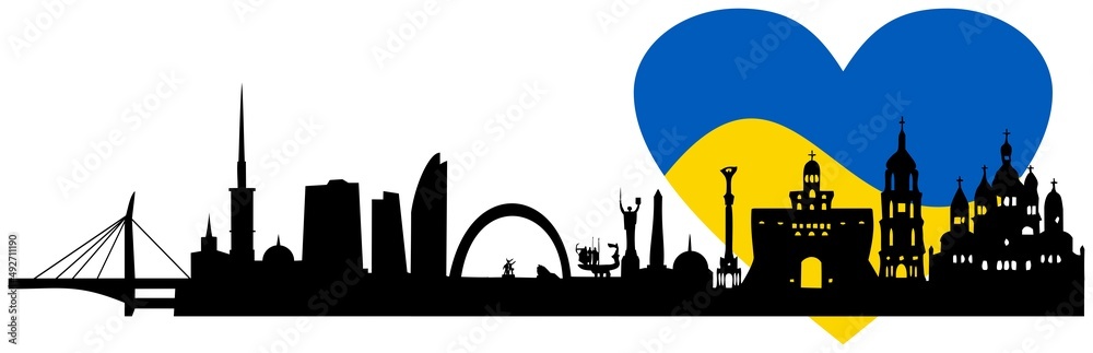 Panorama of Kiev and heart symbol in the colors of Ukraine.