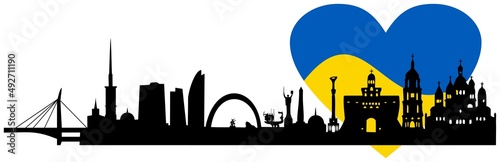 Panorama of Kiev and heart symbol in the colors of Ukraine.