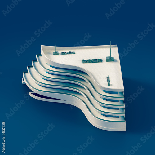 Isometric futuristic city mall. Architectural high rise single shopping center model, big building on blue background. Realistic solid and flat style building. 3d renderding.