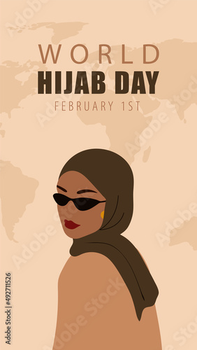 World hijab day stories template. Abstract muslim woman in abaya. Faceless female portrait. Vector illustration in flat cartoon style.
