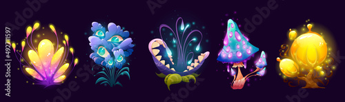 Fantasy mushrooms, flowers and trees, alien planet or magic game plants isolated set. Unusual nature elements, fairy tale or extraterrestrial strange flora or fauna assets. Cartoon vector illustration