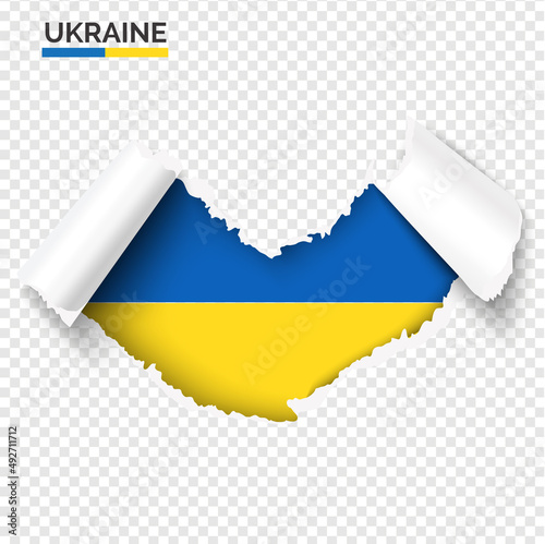 Support Ukraine concept. Hole in paper with rolled side and Ukrainian flag inside. Heart shape paper hole realistic vector illustration