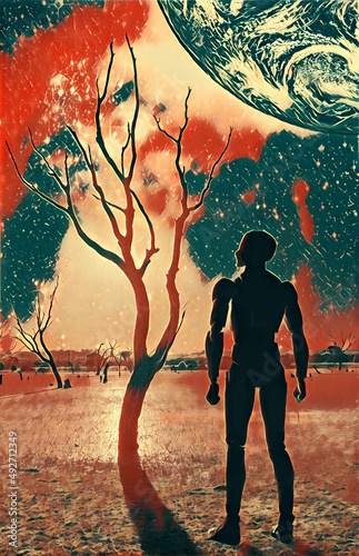 Book cover design - Futuristic scene with Robot standing on barren land with bare trees and planet rising - digital illustration. Elements of this image are furnished by NASA