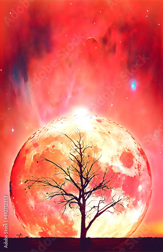 Fantasy book cover template - Lonely bare tree silhouette with huge planet rising behind it and galaxy in the sky - digital illustration. Elements of this image are furnished by NASA