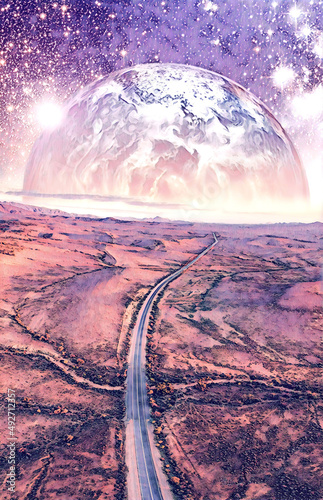Alien planet rising over desert landscape with vivid starry sky and highway. Book cover template - digital illustration. Elements of this image are furnished by NASA