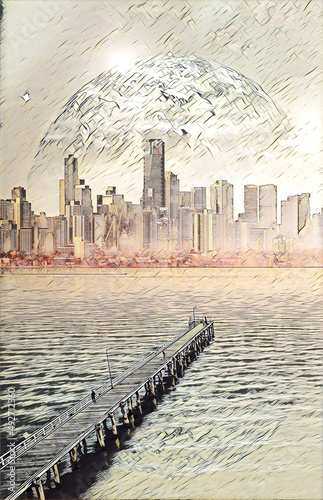 Science fiction book cover design. Alien planet landscape - pier stretching into the ocean at sunset with skyscrapers and planet digital illustration. Elements of this image are furnished by NASA