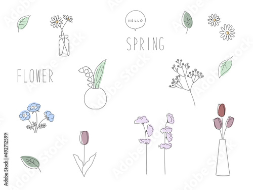 チューリップやマーガレットなど春の花手描きペン画風シンプルイラストセット
