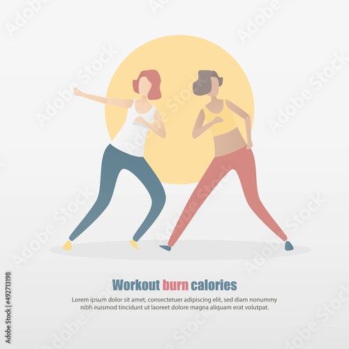 Full body Weight Loss and Fat Burning Calories workout program for beginner,Cardio HIIT exercises routine,build muscle,female in sportwear fitness at home,Motivation good healthy,Vector illustration.
