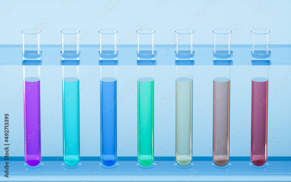 Reagents are in the test tubes, 3d rendering. Reagents are in the test tubes, 3d rendering.