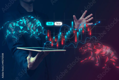 concept of stock market exchange or financial technology, polygon bull and bear with futuristic element