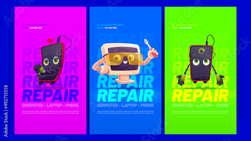 Repair service posters with smartphone and computer under renovation. Vector banners of gadget maintenance with cartoon illustration of broken mobile phone and pc with screwdriver