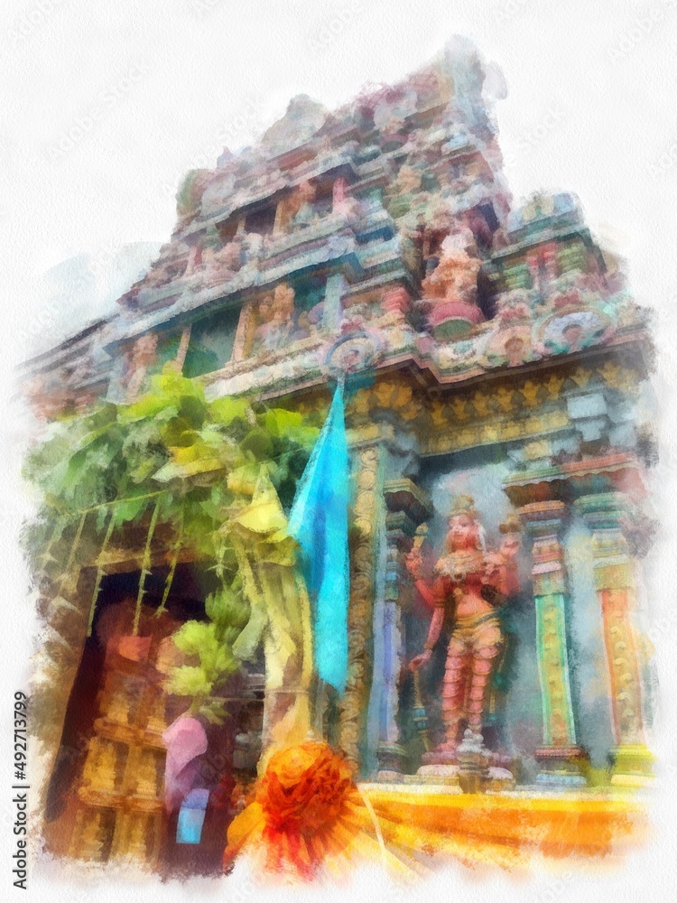 Obraz premium ancient hindu temple colorful indian architecture watercolor style illustration impressionist painting.