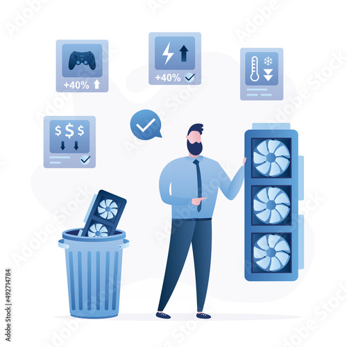 Businessman or seller presents new generation of graphic chips. Improved version of chip. Powerful, cheap video card for pc computers. Presentation process. Old chip in trash can.