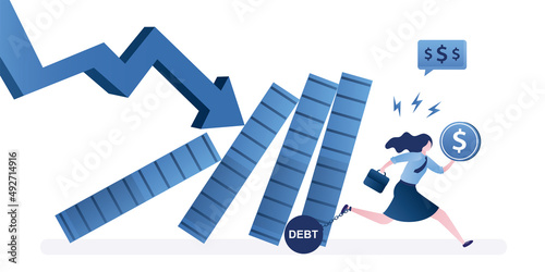 Economic crash, financial collapse. Businesswoman with dollar coin running away from loss of revenue. Company bankrupt, debt. Dominos effect, money coins falls. Unemployment.