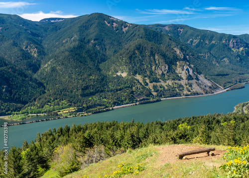 Wooden bench at viewpoint along the Dog Mountain trail in the Columbia River Gorge