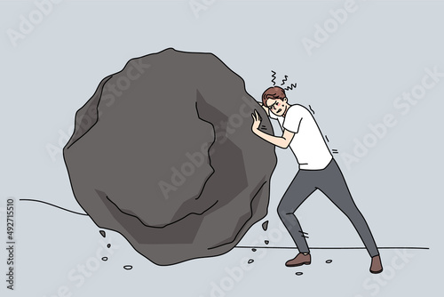 Ambition strong businessman push huge stone reach achieve business goals. Man employee pushing heavy rock or boulder. Obstacles and challenge at work. Flat vector illustration. 