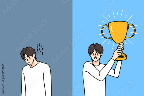 Comparison of unhappy sad man struggle with failure, smiling overjoyed one with trophy in hands. Concept of business crisis and success. Life ups and downs. Flat vector illustration. 