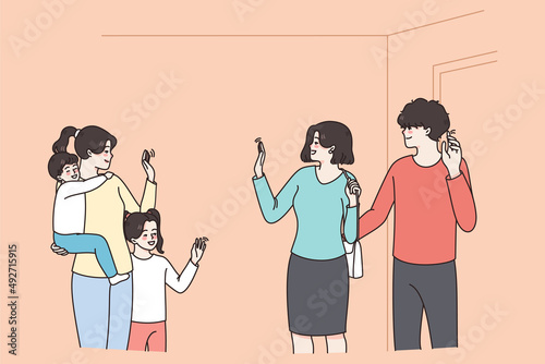 Happy young parents leave small kids with babysitter. Smiling mother and father say bye give children to nanny or nurse in kindergarten. Childhood and care. Flat vector illustration. 