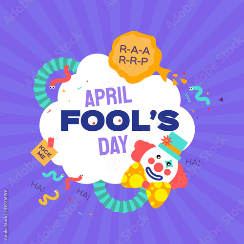 April Fools Day with Clown Character in flat cartoon style. April 1. Present box. Fools' Day Poster. Funny spring holiday.