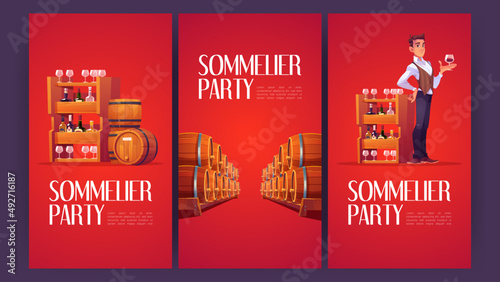 Sommelier party cartoon posters with man in wine shop holding wineglass with alcohol drink in hand. Seller examine beverage in store with barrels and bottles stand on wooden shelf, vector ads flyers