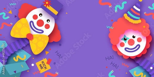 April Fools Day with Clown Character in paper cut style. April 1 party. Present joke box. Fools' Day Poster. Funny spring holiday. photo