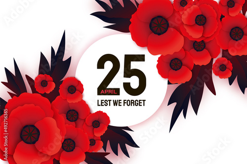 Anzac day with Bright Red Poppy flower in paper cut style. Lest we forget. National Day of Remembrance in Australia and New Zealand. April 25. Space for text.
