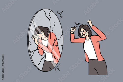 Furious young woman shot yell at mirror reflection, shaming and blaming. Angry man female suffer from mental or psychological problems. Self-judgement and criticism. Vector illustration. 