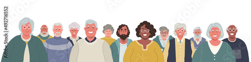 Group of diverse smiling elderly people.Vector flat illustration.