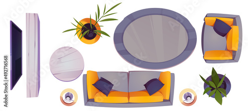 Set of living room furniture and stuff top view. Sofa, wooden coffee table, armchair and television hang on wall, wood tv stand and floor lamps, oval rag and potted plants, Cartoon vector icons set