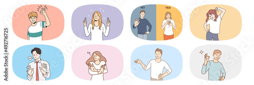 Collection of diverse people show yes and no hand gestures. Set of men and women demonstrate different emotions. Body language and nonverbal communication. Vector illustration. 