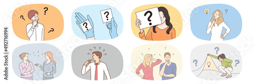 Collection of diverse look for answer to social dilemma or issue. Set of frustrated men and women with question marks find solution to problem. Choice and decision. Vector illustration. 