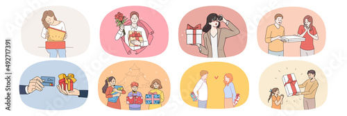 Collection of overjoyed man and woman feel excited with present surprise. Set of diverse people get gift on birthday or anniversary. Concept of greeting and celebration. Flat vector illustration. 