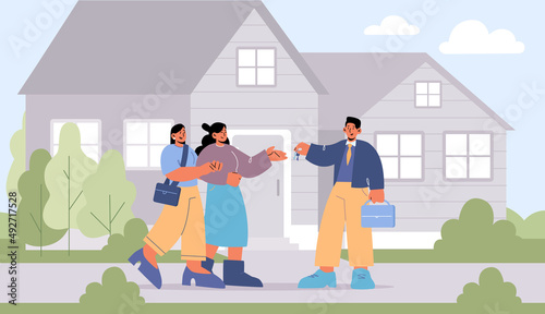 Lesbian couple buy new house, agent giving cottage keys to female characters holding hands. Homosexual family buying real estate property, mortgage loan or home purchase Line art vector illustration